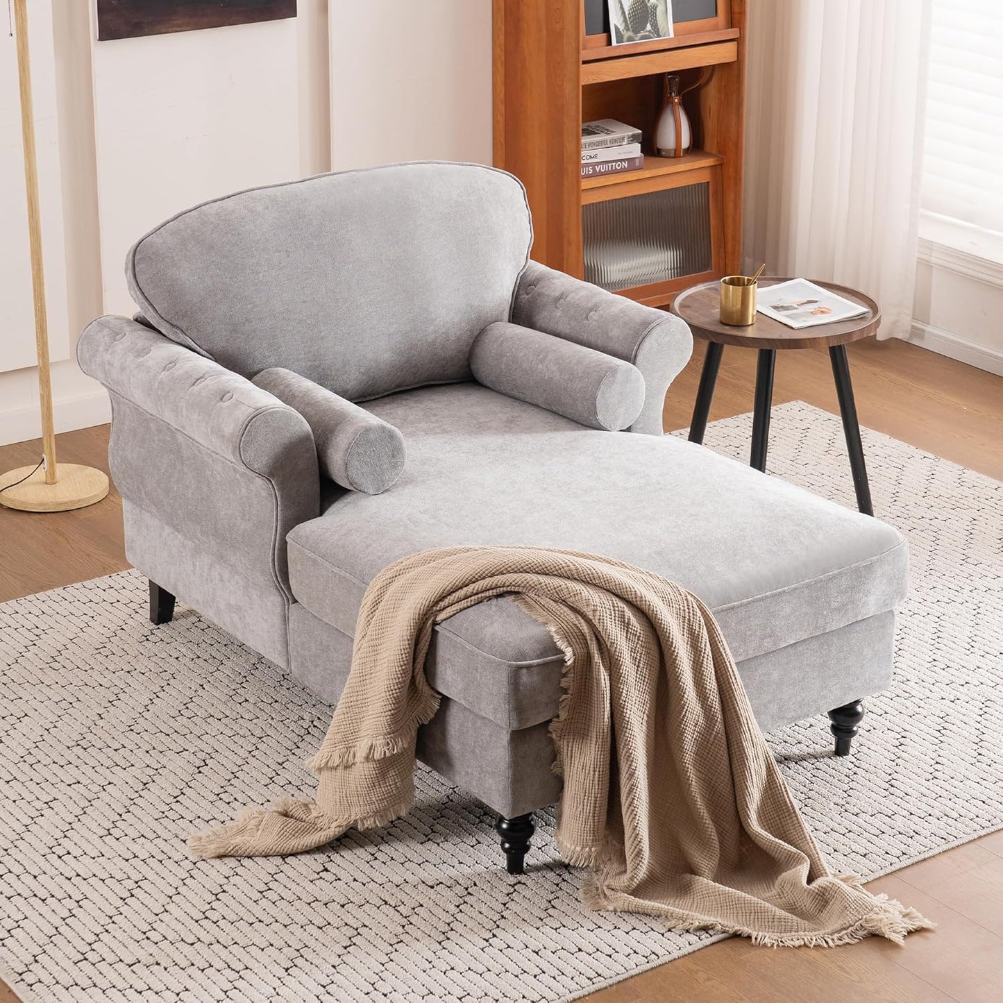 59.3" D Reclining Lounge Chair,Oversized Chenille Upholstered Sleeper Couch Chair with 2 Rolled Pillows,Mid-Century Modern Single Chaise Sofa for Living Room Bedroom Office(Beige, 1 Seat)
