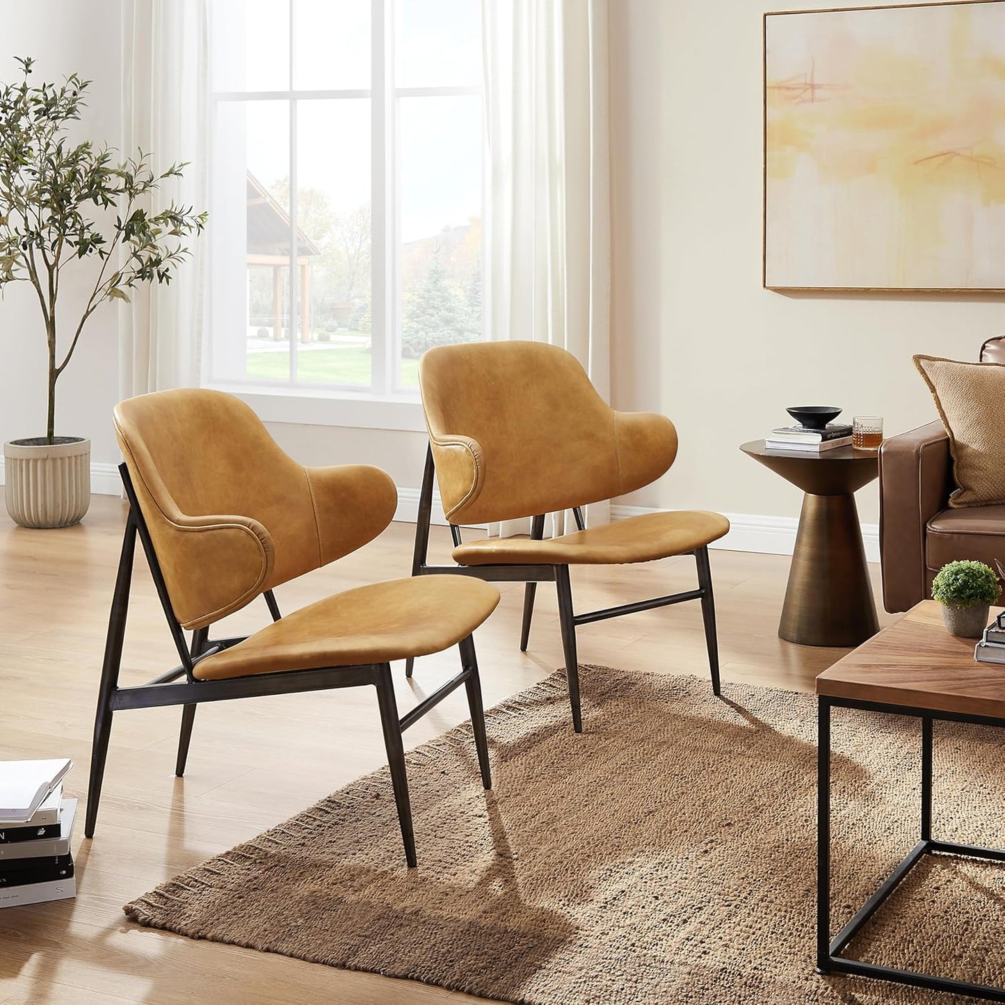 Art Leon Genuine Leather Accent Chair, Mid Century Modern Side Chair with Black Metal Frame, Upholstered Arm Chair for Living Room Bedroom, Light Brown