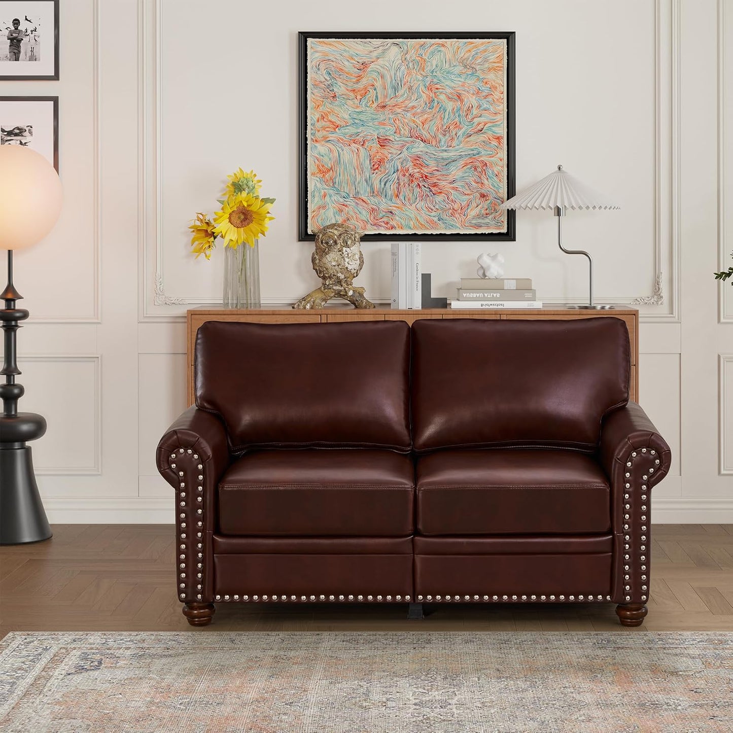 35" Faux Leather Pu Armchair Classic Vegan Leather Accent Chair Elegance Single Seat with Rolled Armrests Nailhead Trim Wood Legs Traditional Living Room 1 Seat-Burgundy