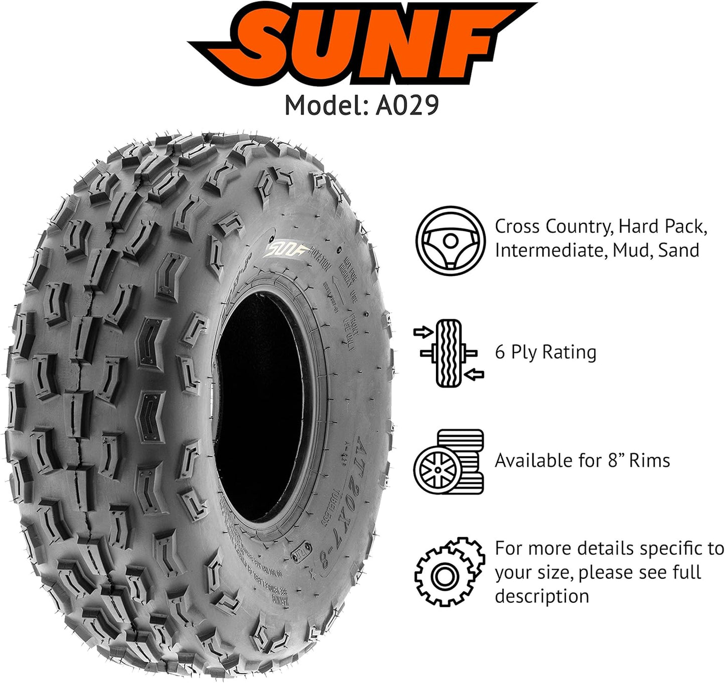 SunF 20x7-8 ATV UTV Tire 20x7x8 Knobby Tubeless 6 PR A029 - PAIR of 2