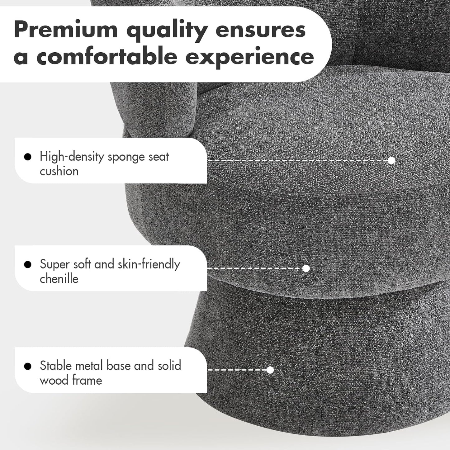 360° Swivel Accent Chairs Set of 2, Modern Chenille Upholstered Boucle Dining Chair with Back, Vanity Chair Accent Armchair Side Chairs for Dining/Living Room, Bedroom, Gray