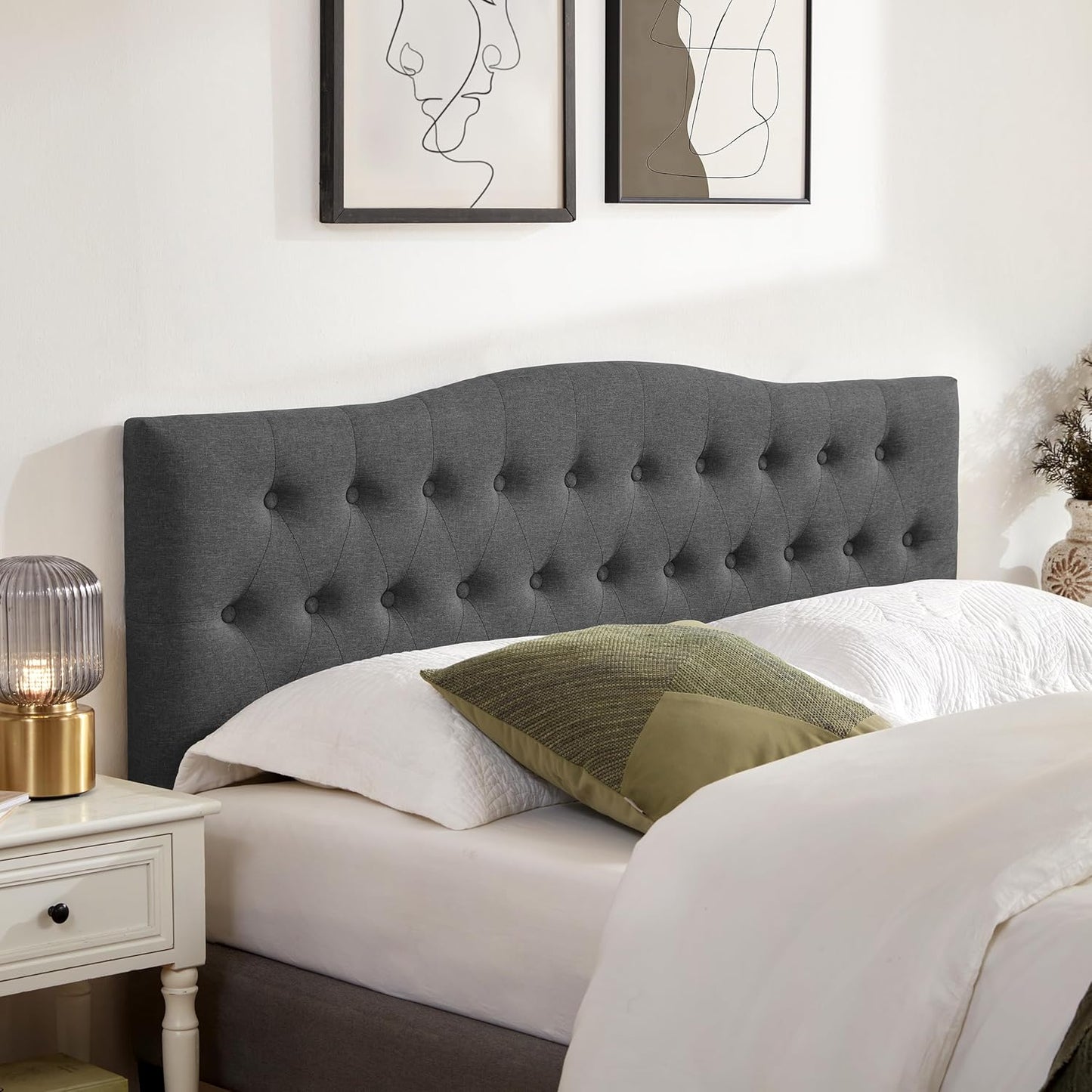 Tufted Upholstered Headboard Queen Size, Sturdy and Durable Solid Wood Bed headboard, Fabric Headboard Adjustable Height from 37” to 51”, Modern Button Diamond Design Head Board, Beige