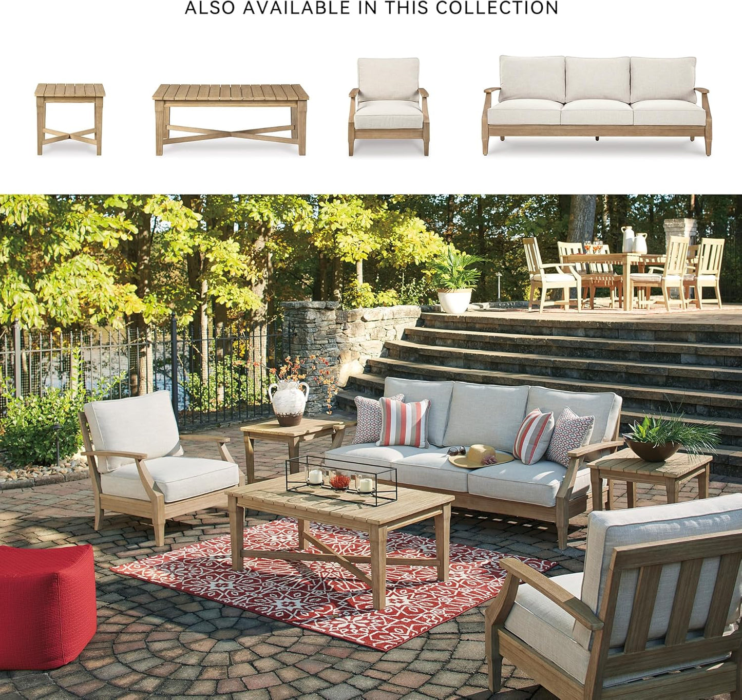 Signature Design by Ashley Carter Hall Outdoor Eucalyptus Patio Sofa with Cushion, Beige