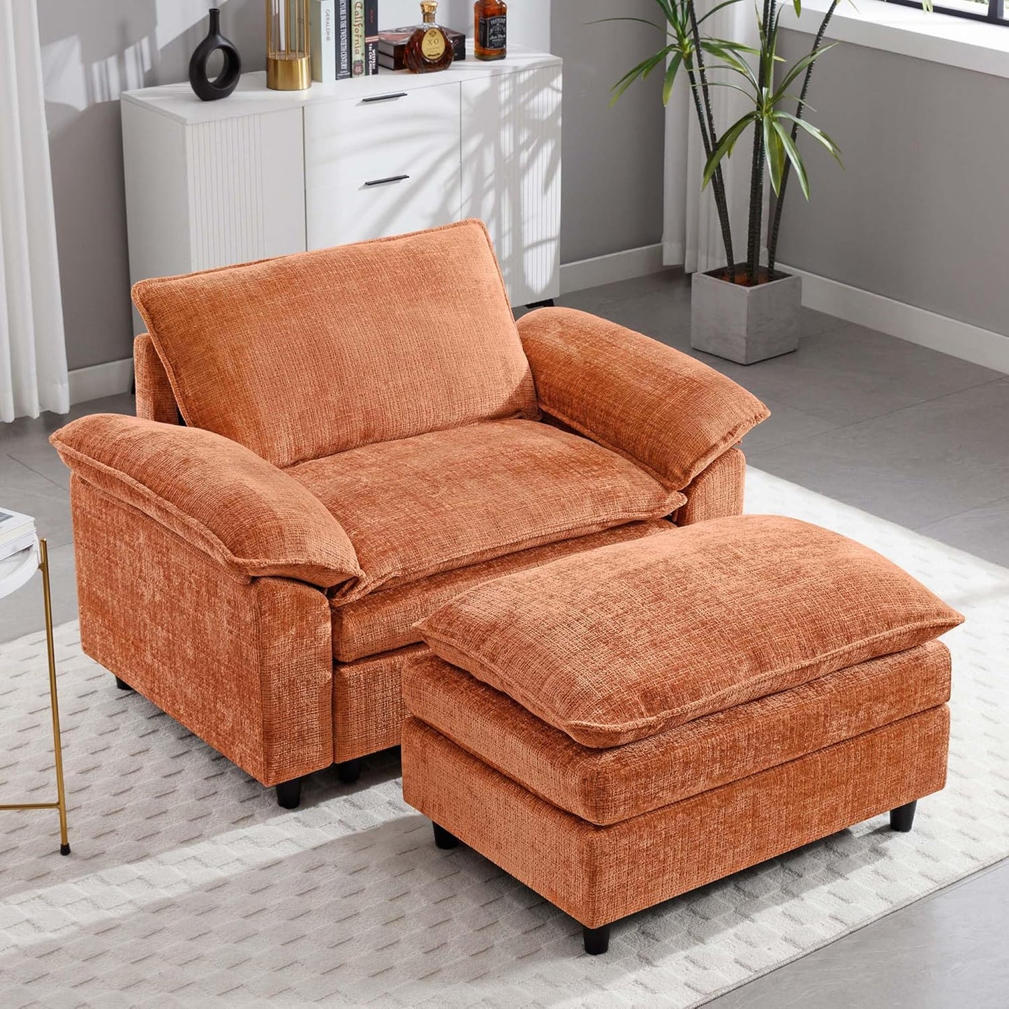 51.9" Orange Oversized Cloud Accent Chair with Ottoman, Modern Chaise Lounge Chair Indoor, Comfy Chenille Single Sofa Couch Chair for Living Room Apartment Office
