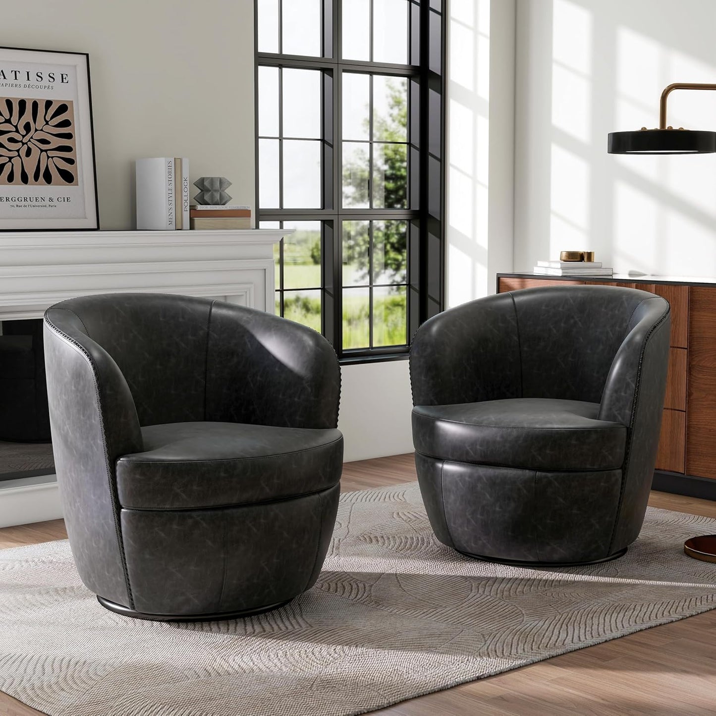 Swivel Barrel Chair, Modern Round PU Leather Accent Armchair for Living Room, Bedroom, Oversized Comfy Club Reading Chairs for Adults (Leather Red Brown, Set of 1)
