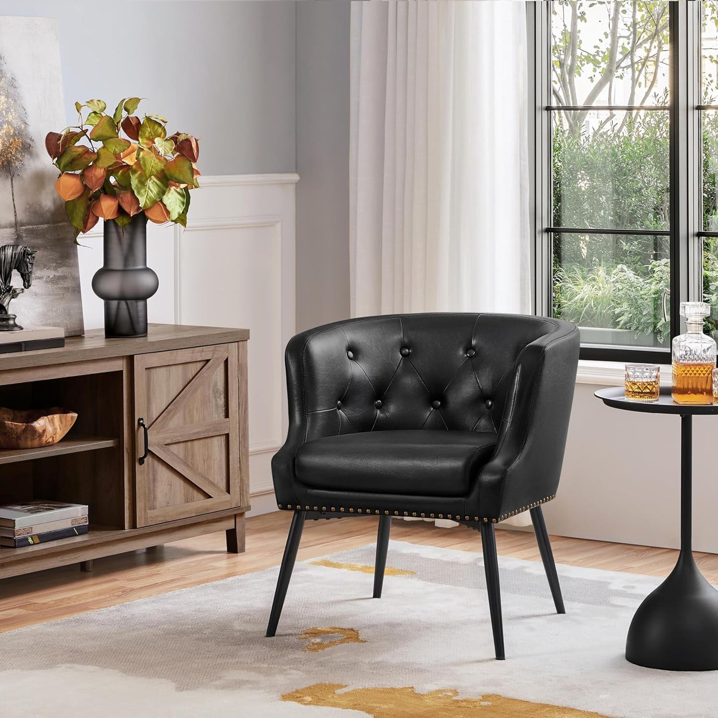 Topeakmart Mid-Century Modern Faux Leather Barrel Chair, Button Tufted Accent Armchair with Metal Leg, Recessed Armrest and Loose Seat Cushion for Living Room Bedroom, Black, 2pcs