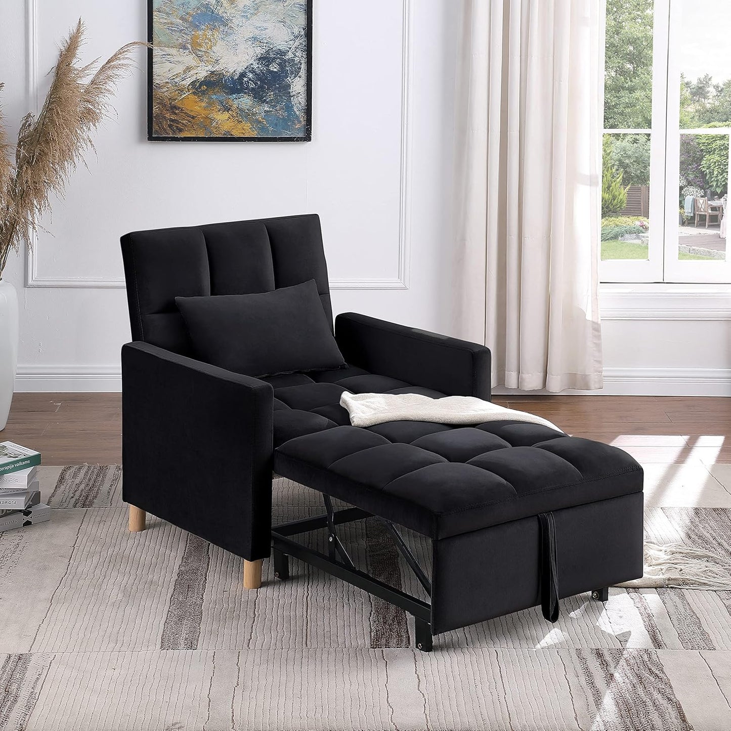 Sleeper Chair Bed Multi-functional Convertible Chair Sleeper Teddy Fabric Adjustable Single Pull Out Sofa Bed with Lumbar for Studio,Dorm, Apartment, Bedroom,Office,Living Room (Beige&Yellow)