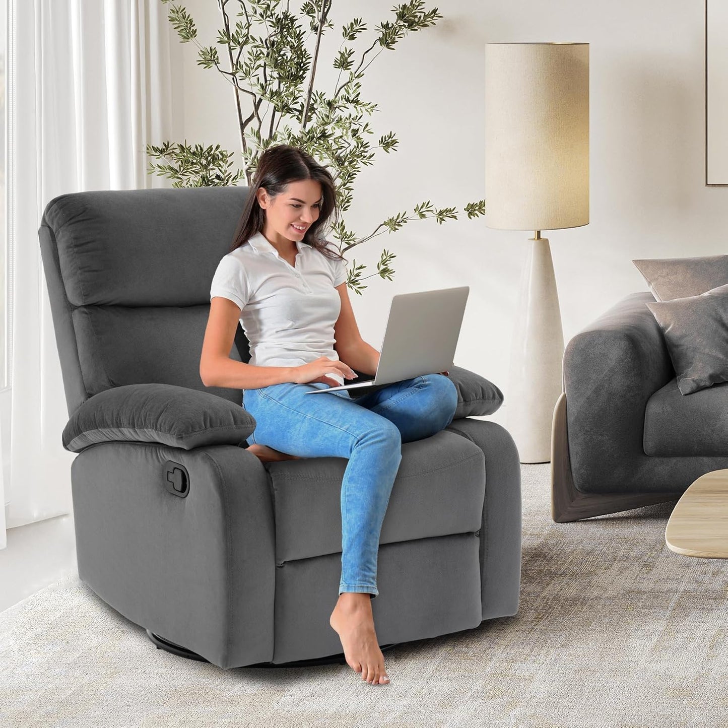 Swivel Rocker - Small Recliner for Small Spaces with Overstuffed Arms and Back, Manual Swivel Recliner Chair with Ultra-Soft Velvet for Living Room, Nursery, Bedroom, Dark Gray