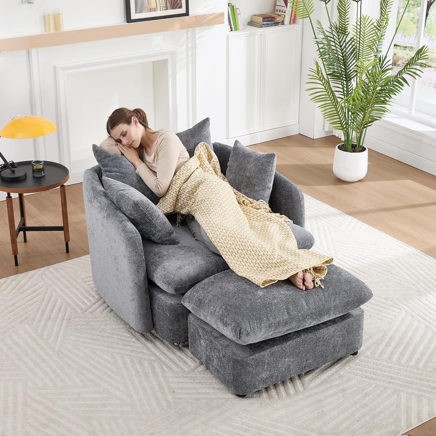 46" Oversized Swivel Accent Chair with Ottoman Set, Upholstered 360° Swivel Barrel Chair and A Half with Ottoman, Extra Wide Seat Lounge for Living Room, Reading, Bedrooms