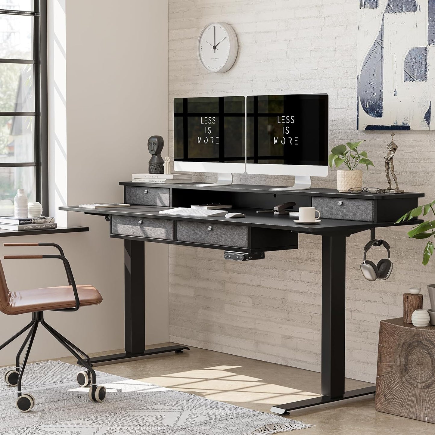 BANTI Height Adjustable Electric Standing Desk with 4 Drawers, 48 x 24 Inch Table with Storage Shelf, Sit Stand Desk, Black Top