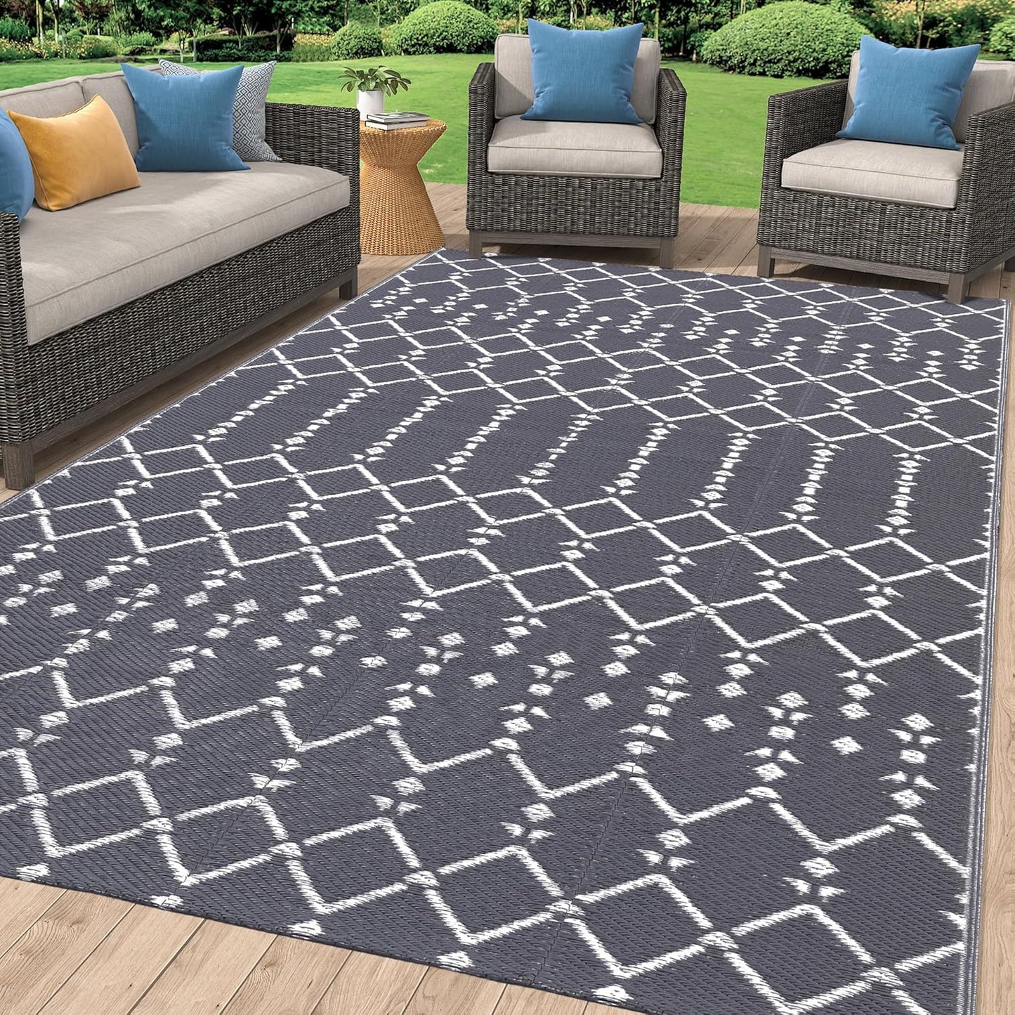 Smiry Waterproof Outdoor Rug 5x8 ft, Reversible Plastic Straw Patio Camping Rugs, Outdoor Indoor RV Mat Carpet for Patio, Outside Entry, Backyard, Deck, Bench, Picnic, Camper, Black & Beige