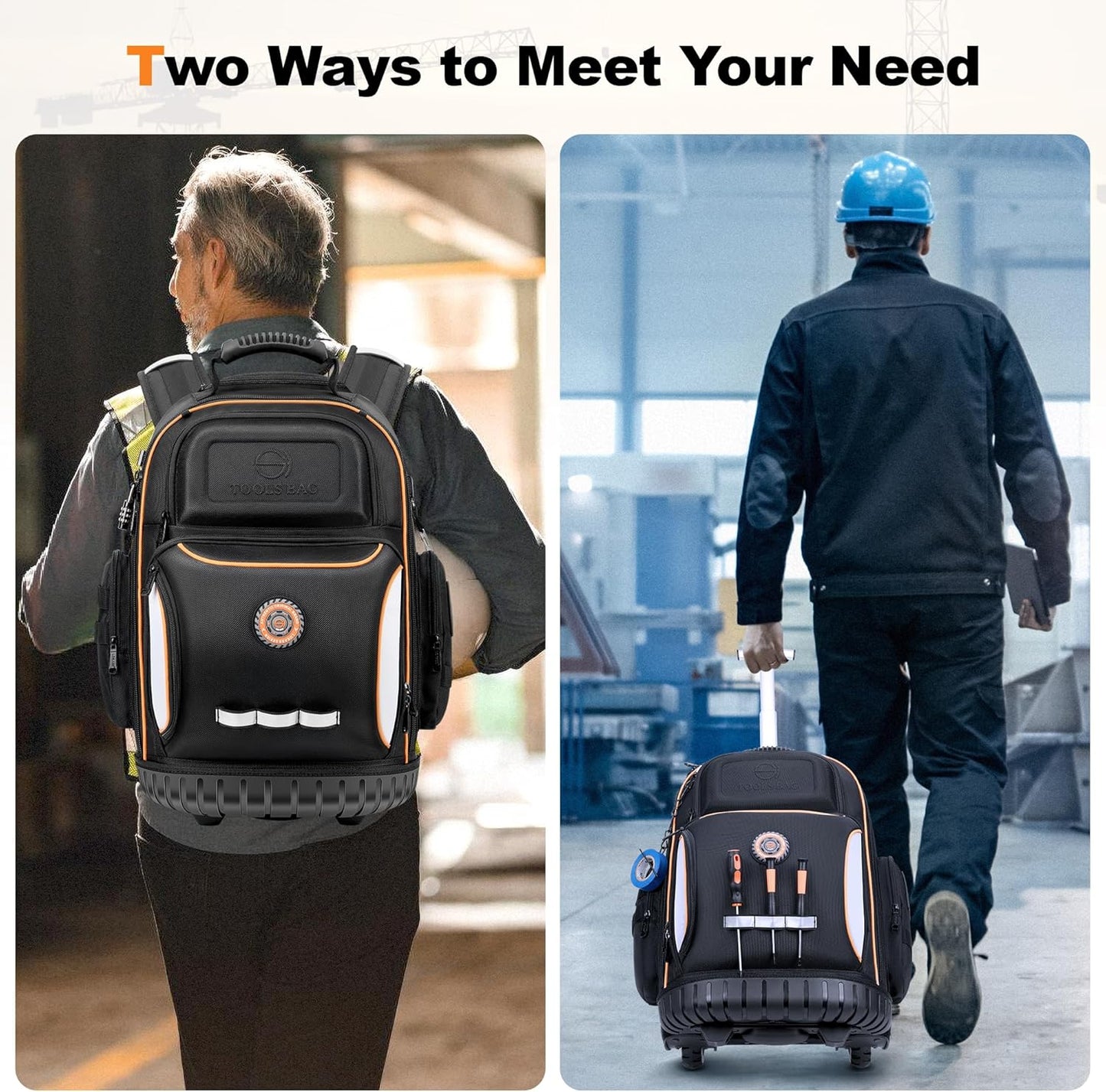 Backpack Tool Bag with Wheel, Rolling Tool Backpack for Electrician Heavy Duty Roller Tool Bag on Wheel for Construction Work, 75 Pockets & Loops Tool Backpack with Molded Base and Combination Lock
