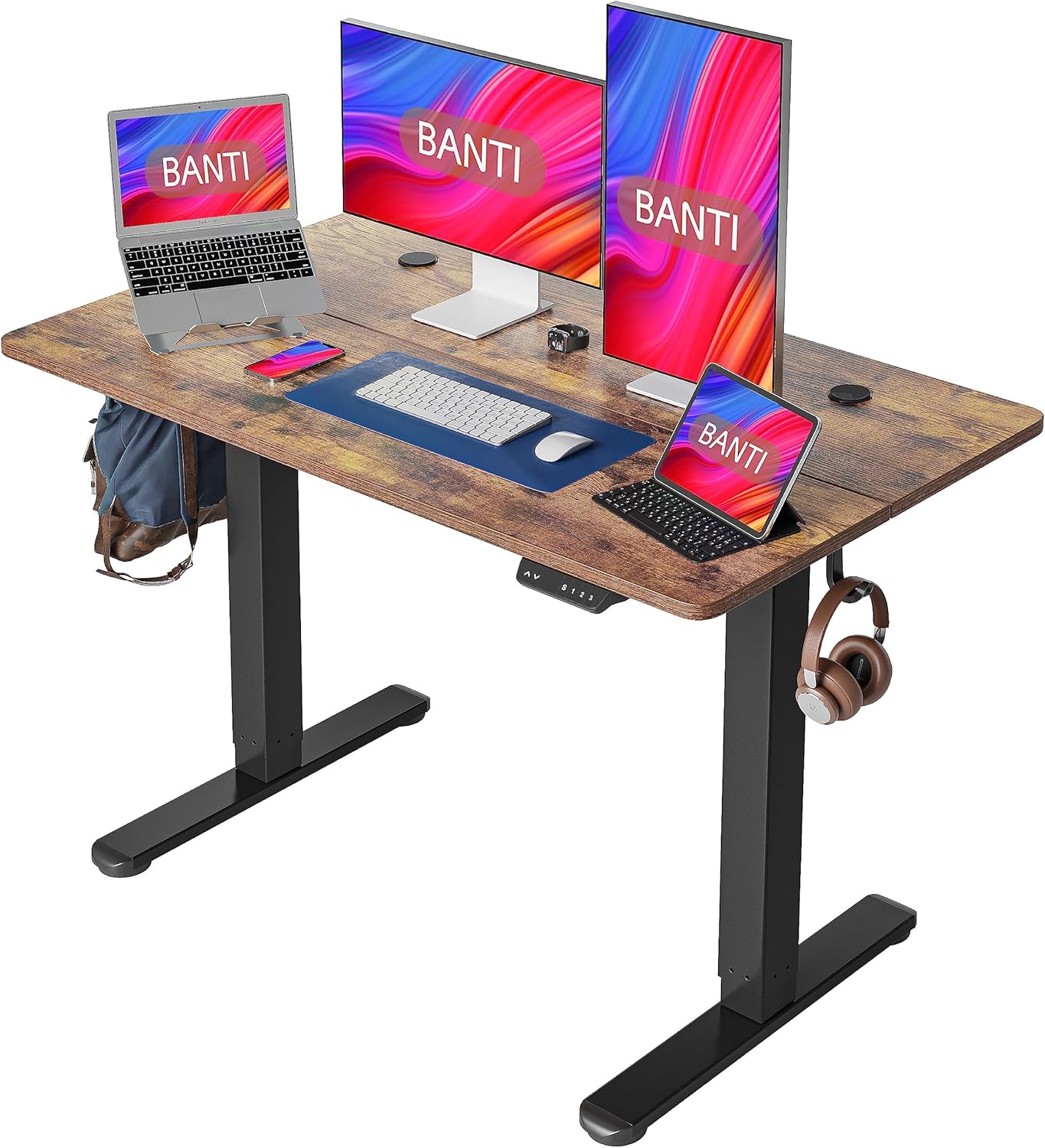 BANTI 55''x24''Height Adjustable Electric Standing Desk, Stand up Table, Sit Stand Home Office Desk with Splice Board, Rustic Brown Top