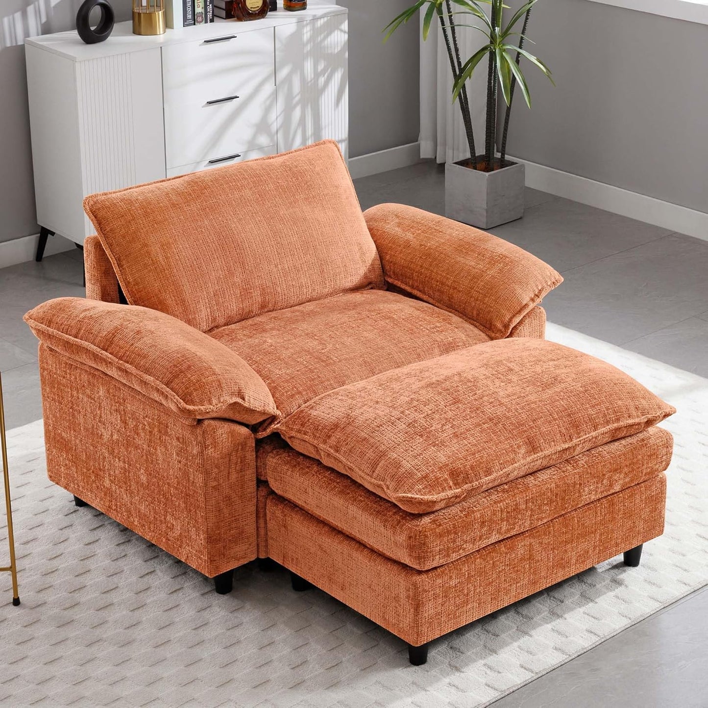 51.9" Orange Oversized Cloud Accent Chair with Ottoman, Modern Chaise Lounge Chair Indoor, Comfy Chenille Single Sofa Couch Chair for Living Room Apartment Office