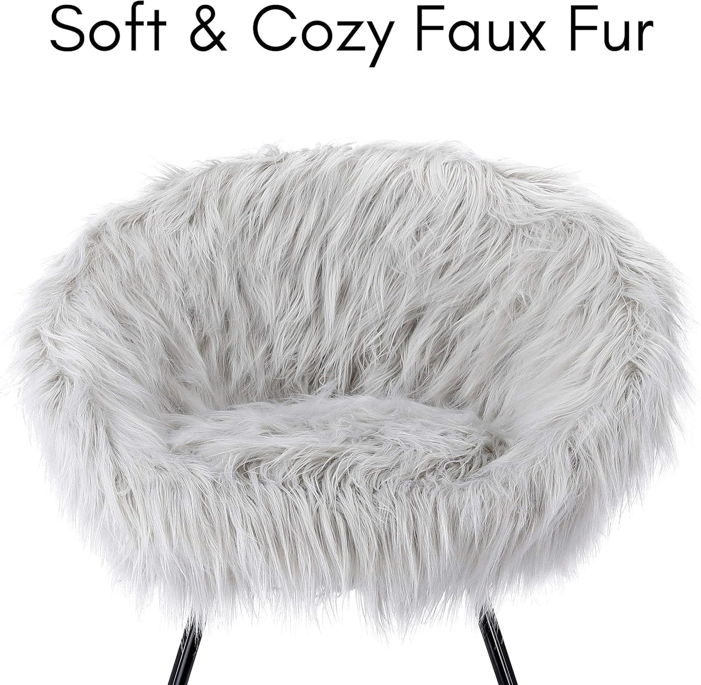 BIRDROCK HOME Faux Fur Papasan Chair with Black Legs - Luxuriously Soft & Lightweight - Wide Cushion Seat for Playroom, or Living Room - Moon Chair - Metal - Fluffy Round Seat - Circle - Grey