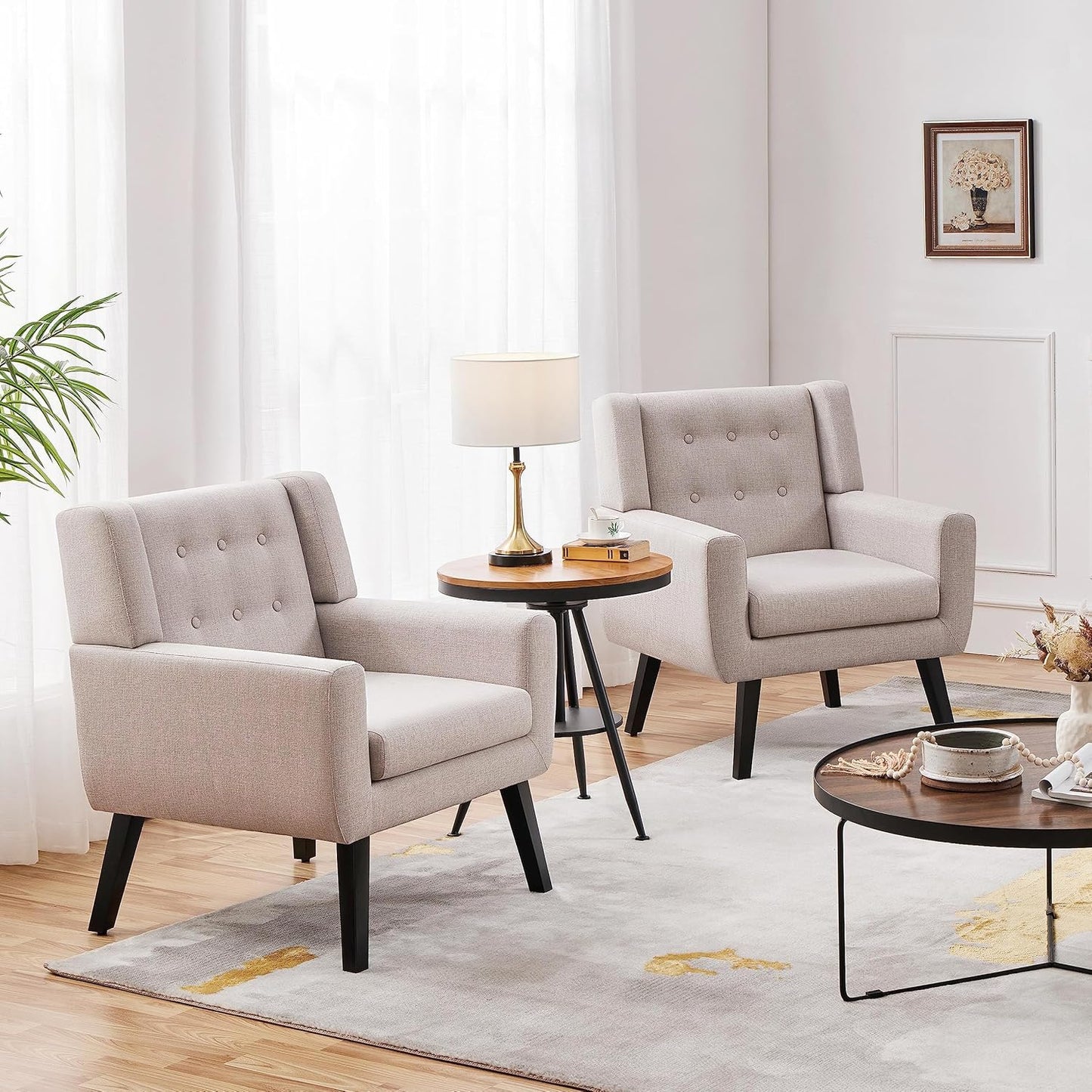 Topeakmart Armchair, Button Tufted Accent Chair with Solid Wood Legs, Linen Fabric Upholstered Barrel Chair Leisure for Living Room Office Bedroom Home Office, Beige, 2pcs