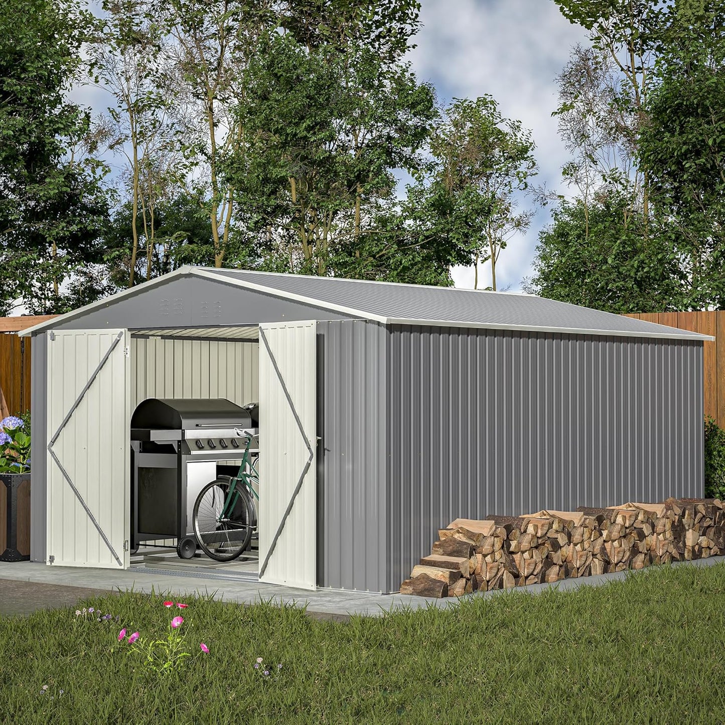 4'x8' Metal Shed Outdoor Storage Shed,Metal Steel Utility Tool Shed Storage House with Double Lockable Doors and Air Vent for Backyard Garden Patio Lawn Gray