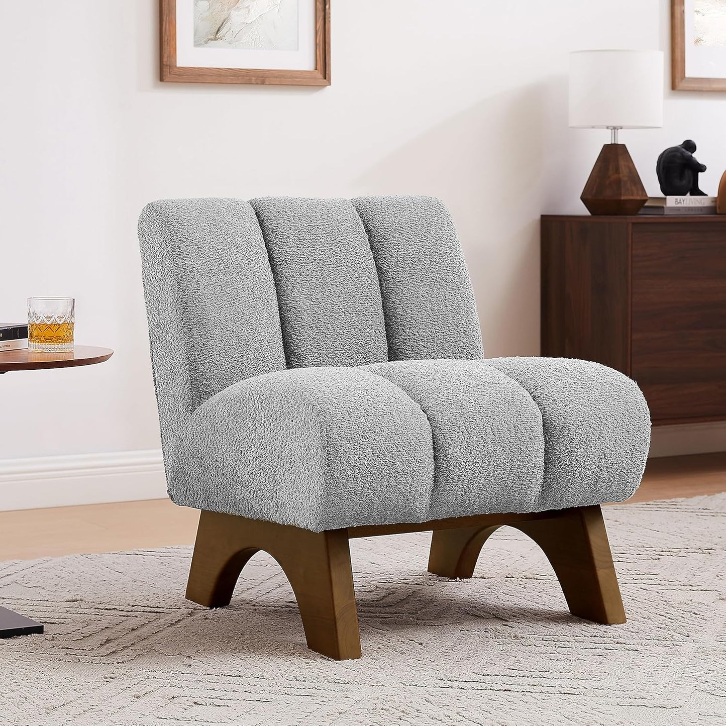 Art Leon Modern Accent Chair, Sherpa Fabric Modular Single Sofa Chair, Armless Chair with Wooden Legs for Living Room Bedroom, Green