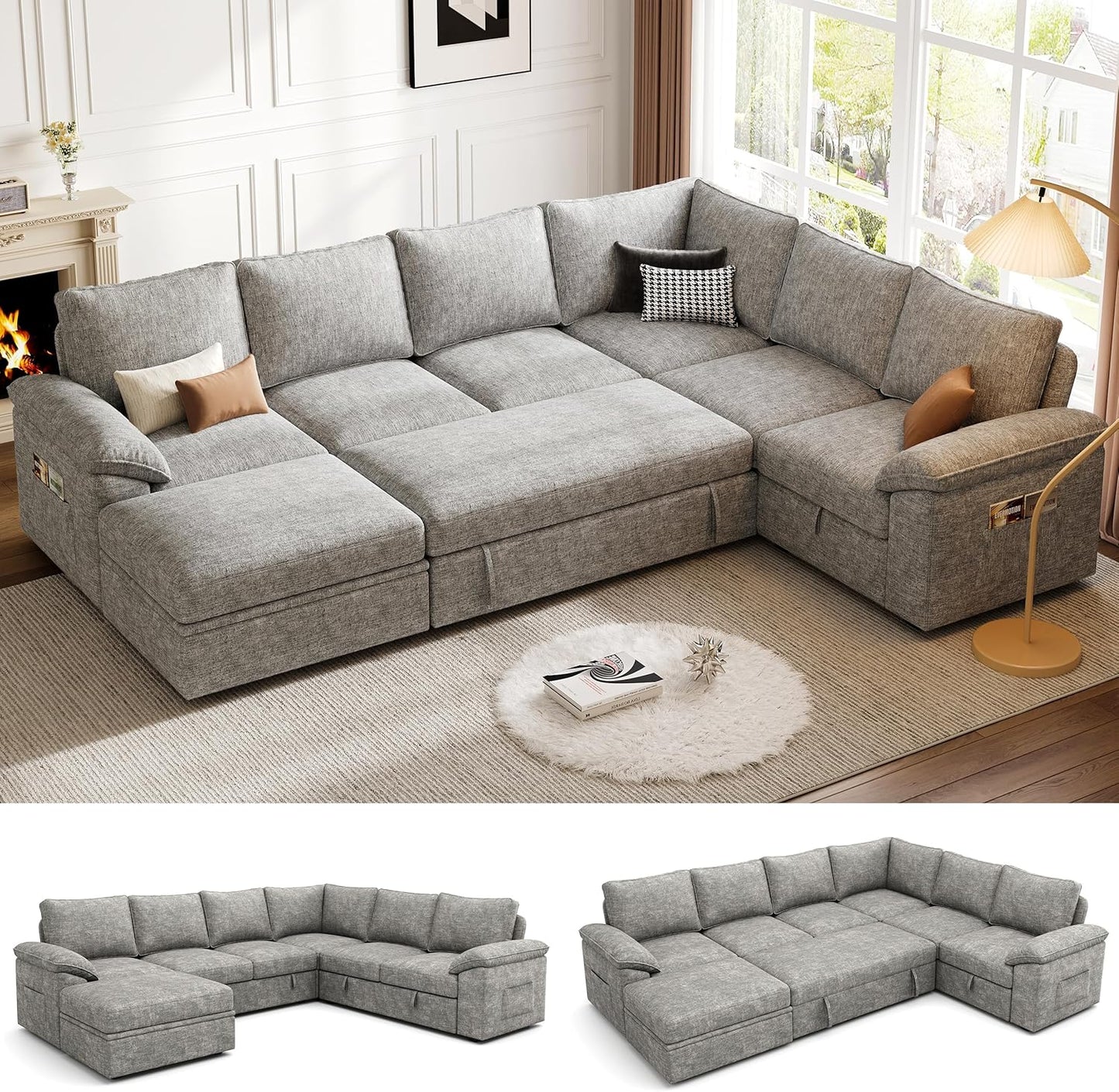108 Inch Sectional Sleeper Sofa with Pull Out Bed,U Shaped 7 Seat Modular Sectional Sofa with Storage,Sectional Couches for Living Room,Cloud Modular Couch,Removable Sofa Cover,Dark Grey