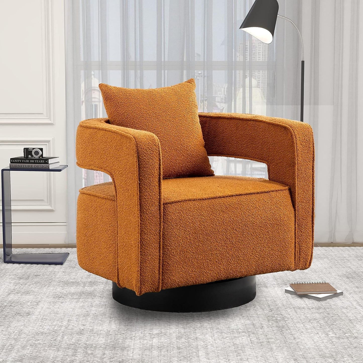 Swivel Barrel Chair Set of 2, Modern Teddy Round Accent Chairs Curved Open Back, 360 Degree Swivel Arm Chair with Pillow, Single Sofa Chair for Living Room Bedroom,Orange