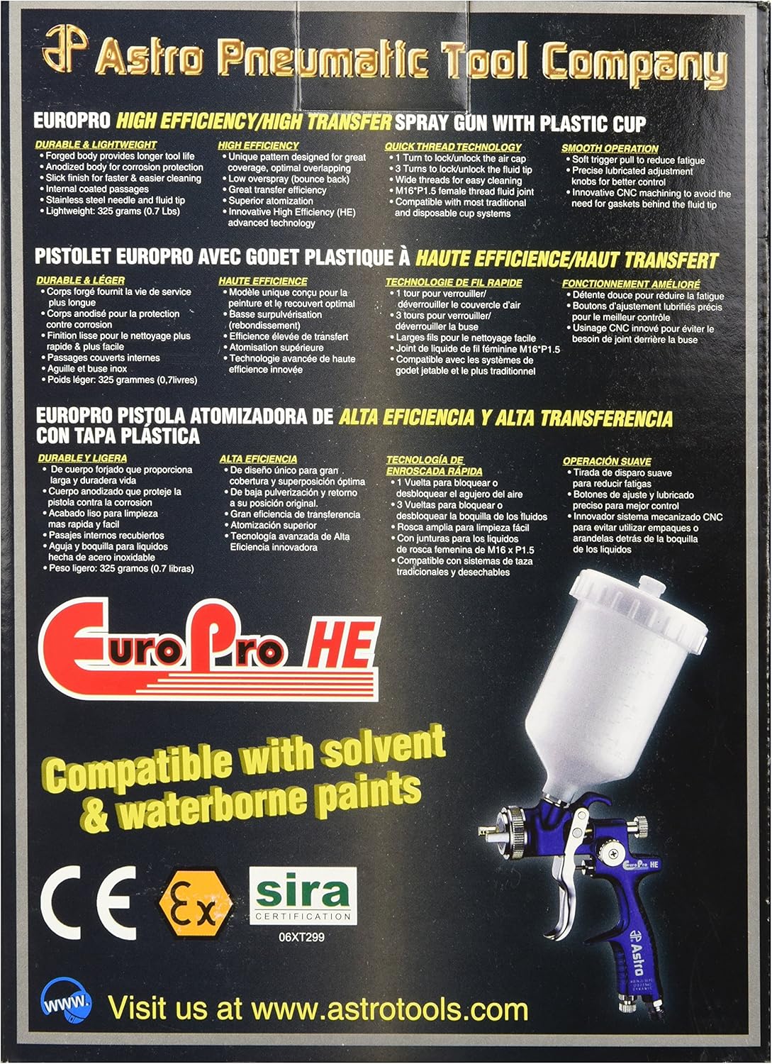 Astro EUROHE103 EuroPro High Efficiency/High Transfer Spray Gun with 1.3mm Nozzle and Plastic Cup