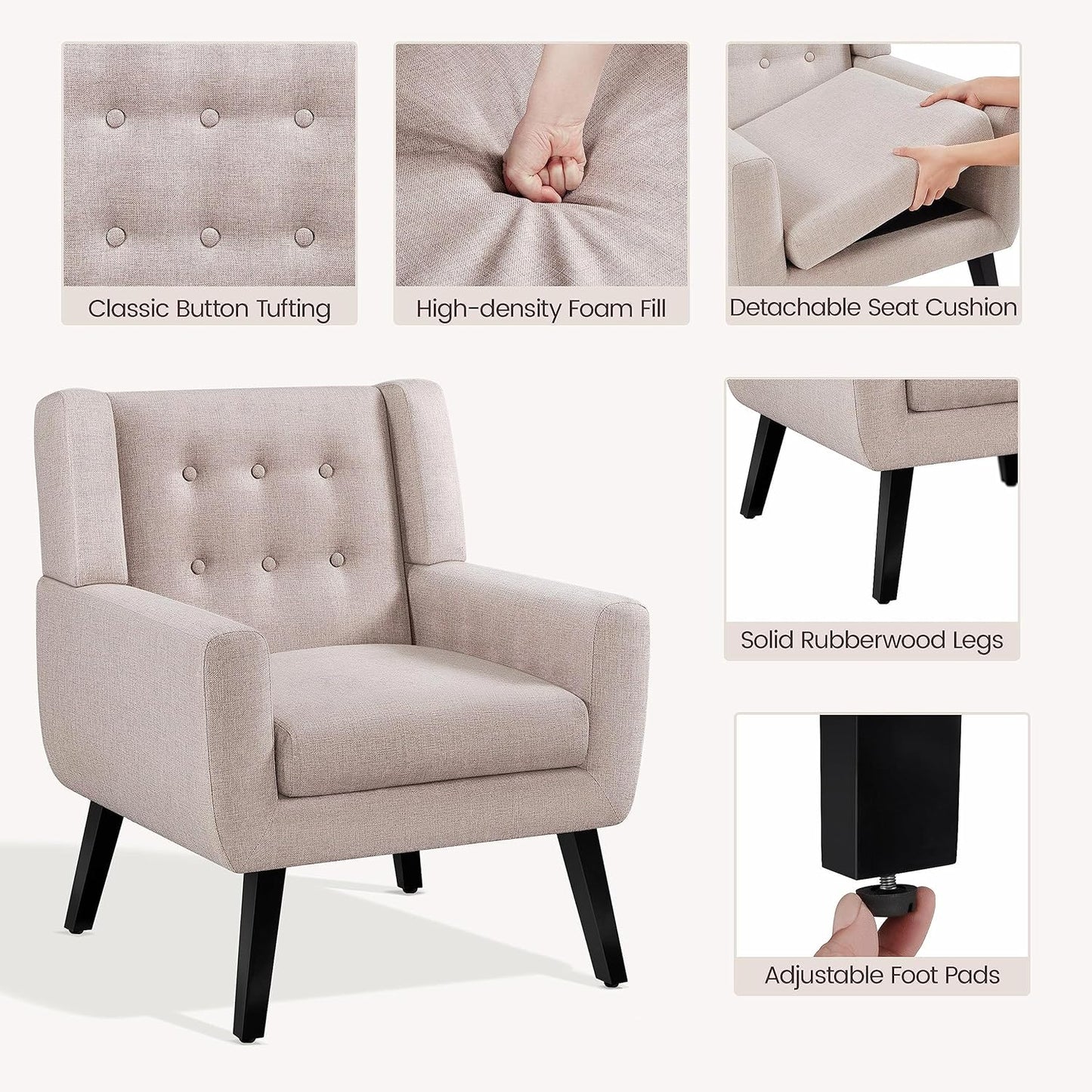 Topeakmart Armchair, Button Tufted Accent Chair with Solid Wood Legs, Linen Fabric Upholstered Barrel Chair Leisure for Living Room Office Bedroom Home Office, Beige, 2pcs