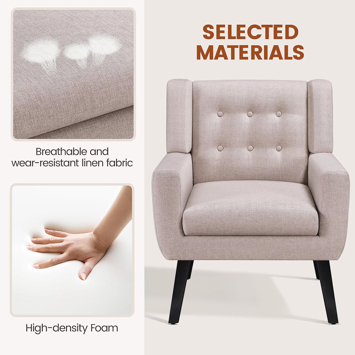 Topeakmart Armchair, Button Tufted Accent Chair with Solid Wood Legs, Linen Fabric Upholstered Barrel Chair Leisure for Living Room Office Bedroom Home Office, Beige, 2pcs