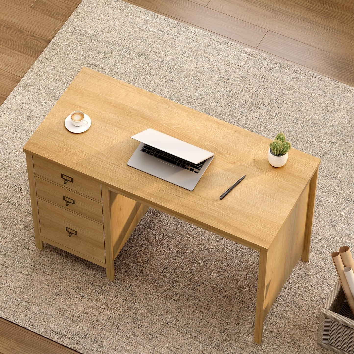 47" Executive Desk with File Drawer, Farmhouse Wood Home Office Desk with Storage Drawer Computer Writing Desk for Study Office, Natural Oak