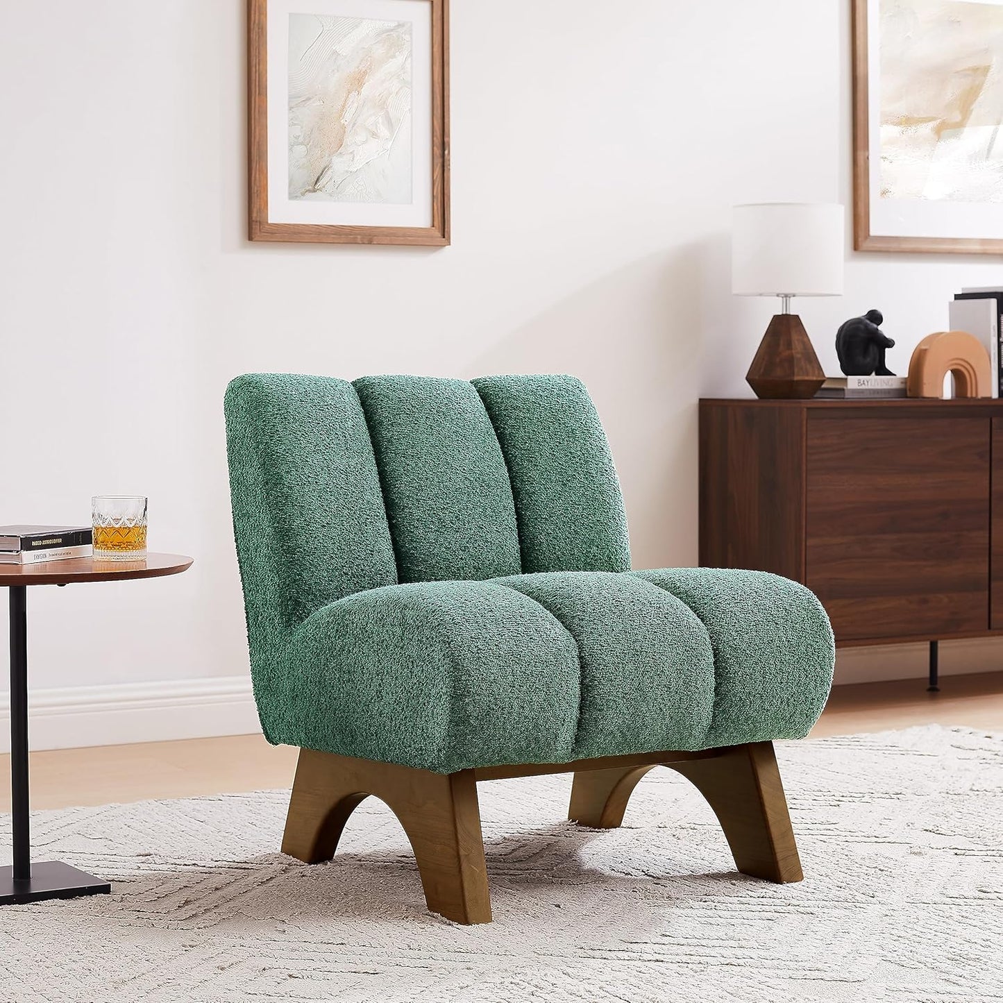 Art Leon Modern Accent Chair, Sherpa Fabric Modular Single Sofa Chair, Armless Chair with Wooden Legs for Living Room Bedroom, Green