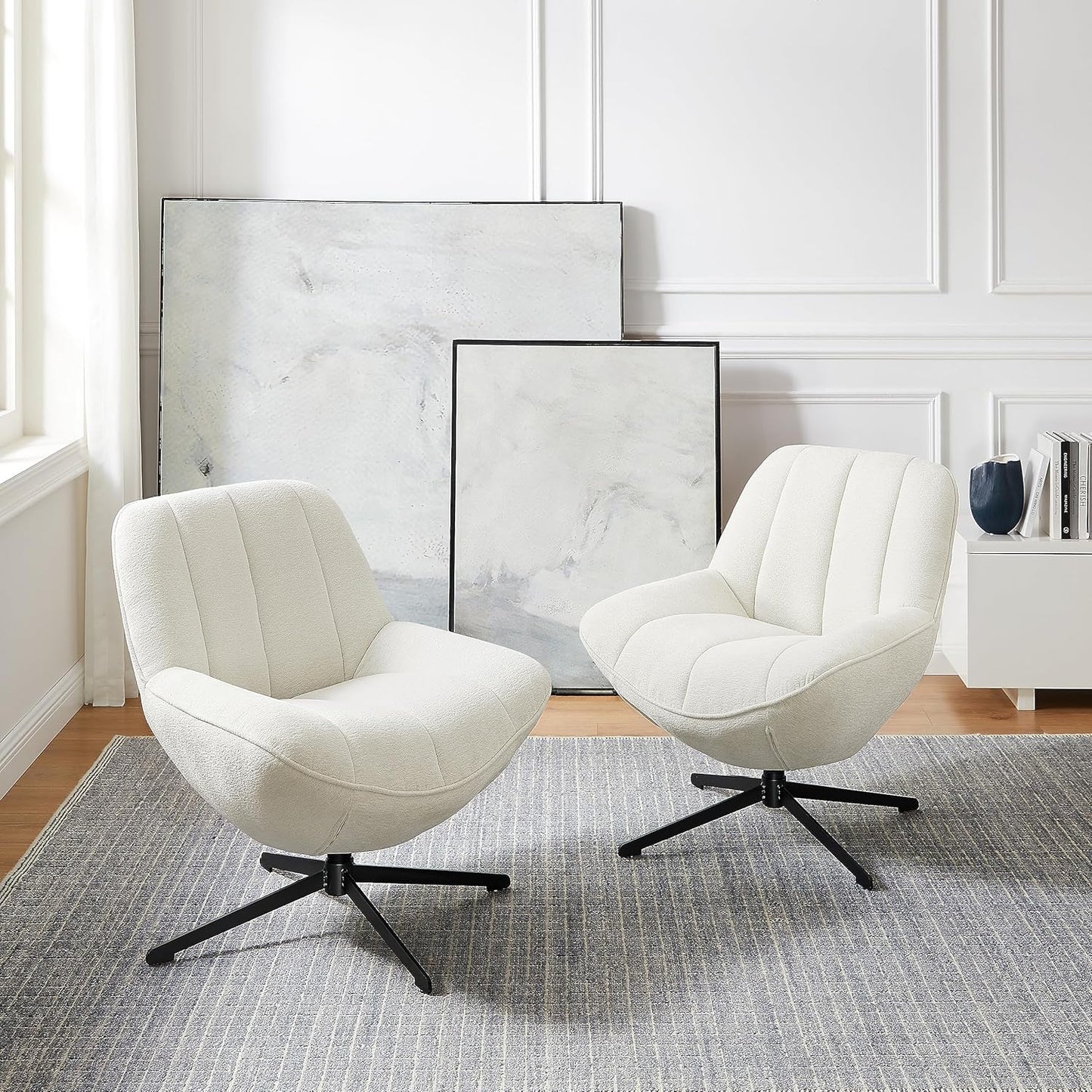 Art Leon Modern Swivel Accent Chair, Fabric upholstered Lounge Chair, Single Sofa Chair with Metal Legs, Comfy Reading Chair for Living Room Bedroom, Off White