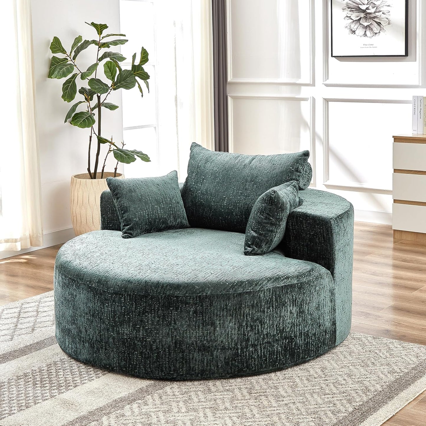 Ball & Cast 55" Oversized Accent Chair, Modern Chenille Single Sofa Sleeper with Wide Armrest and Pillows, Round Lounger Chair for Living Room, Bedroom,Projection Room,No Assembly Required,Beige