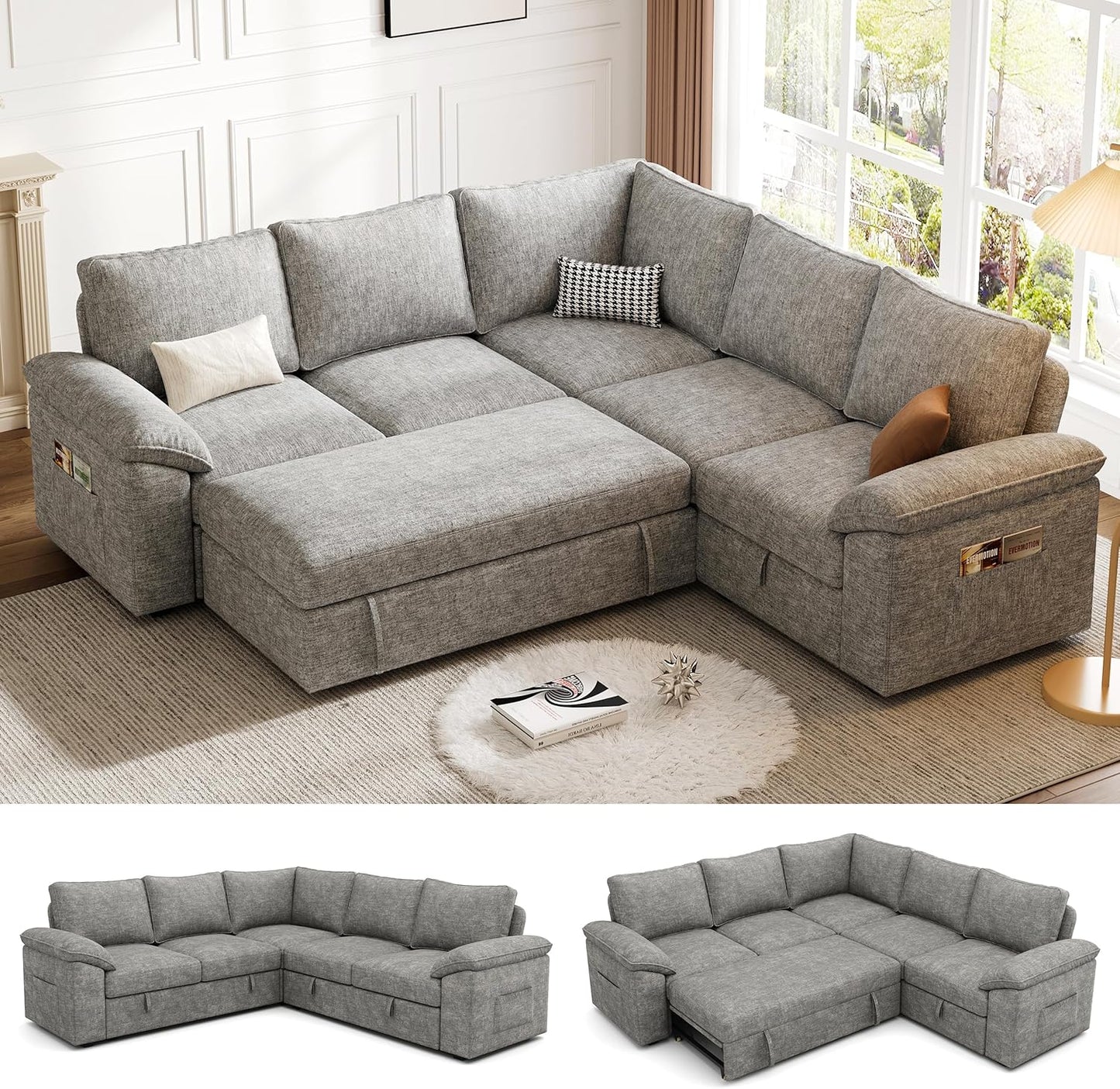 108 Inch Sectional Sleeper Sofa with Pull Out Bed,U Shaped 7 Seat Modular Sectional Sofa with Storage,Sectional Couches for Living Room,Cloud Modular Couch,Removable Sofa Cover,Dark Grey