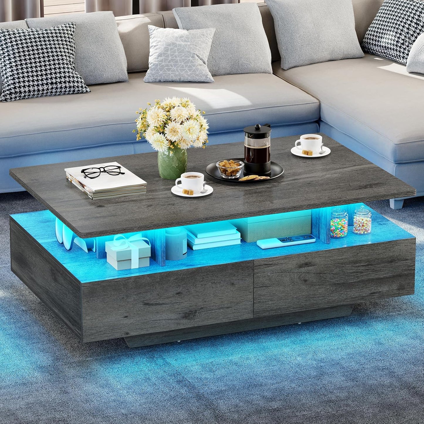 YITAHOME LED Coffee Tables for Living Room, High Glossy Coffee Table with Storage 4 Sliding Drawers, Small Rectangular LED Coffee Table Center Table with Open Display Shelf, Glossy White