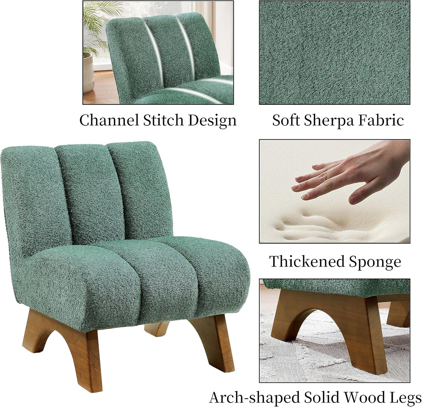 Art Leon Modern Accent Chair, Sherpa Fabric Modular Single Sofa Chair, Armless Chair with Wooden Legs for Living Room Bedroom, Green