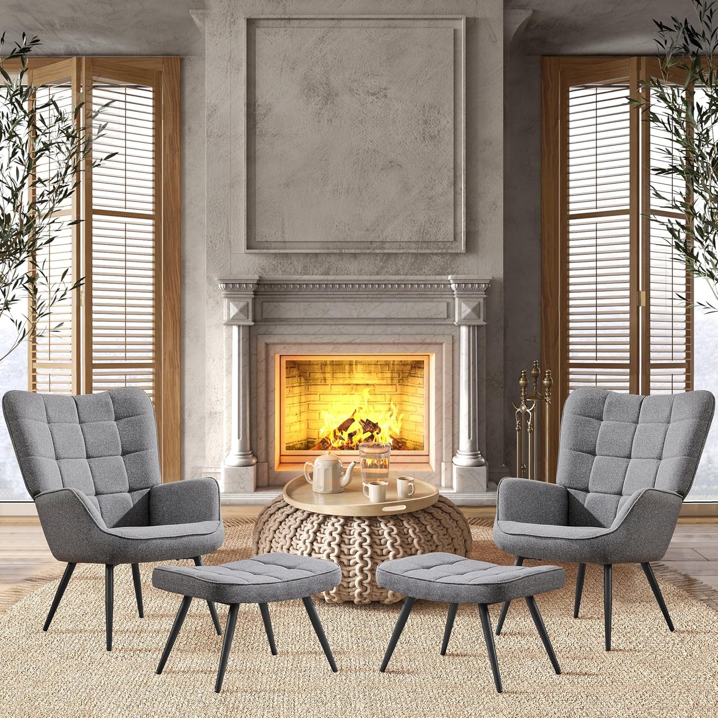 Topeakmart Accent Chair with Ottoman Set, Upholstered Living Room Chair Fabric Arm Chair with Foot Rest Sofa Chair and Ottoman Set for Living Room Bedroom Office, Grey, 2pcs