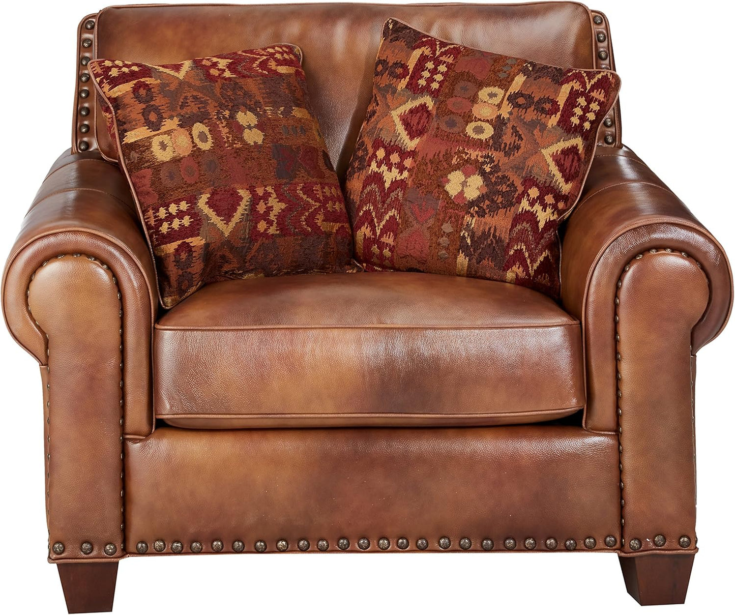 Steve Silver Company Silverado Chair with 2 Accent Pillows, Antique Nailhead Trim, Top-Grain Leather, Living Room, Game Room, Armrest, 41" D x 52" W x 38" H, Brown, Caramel