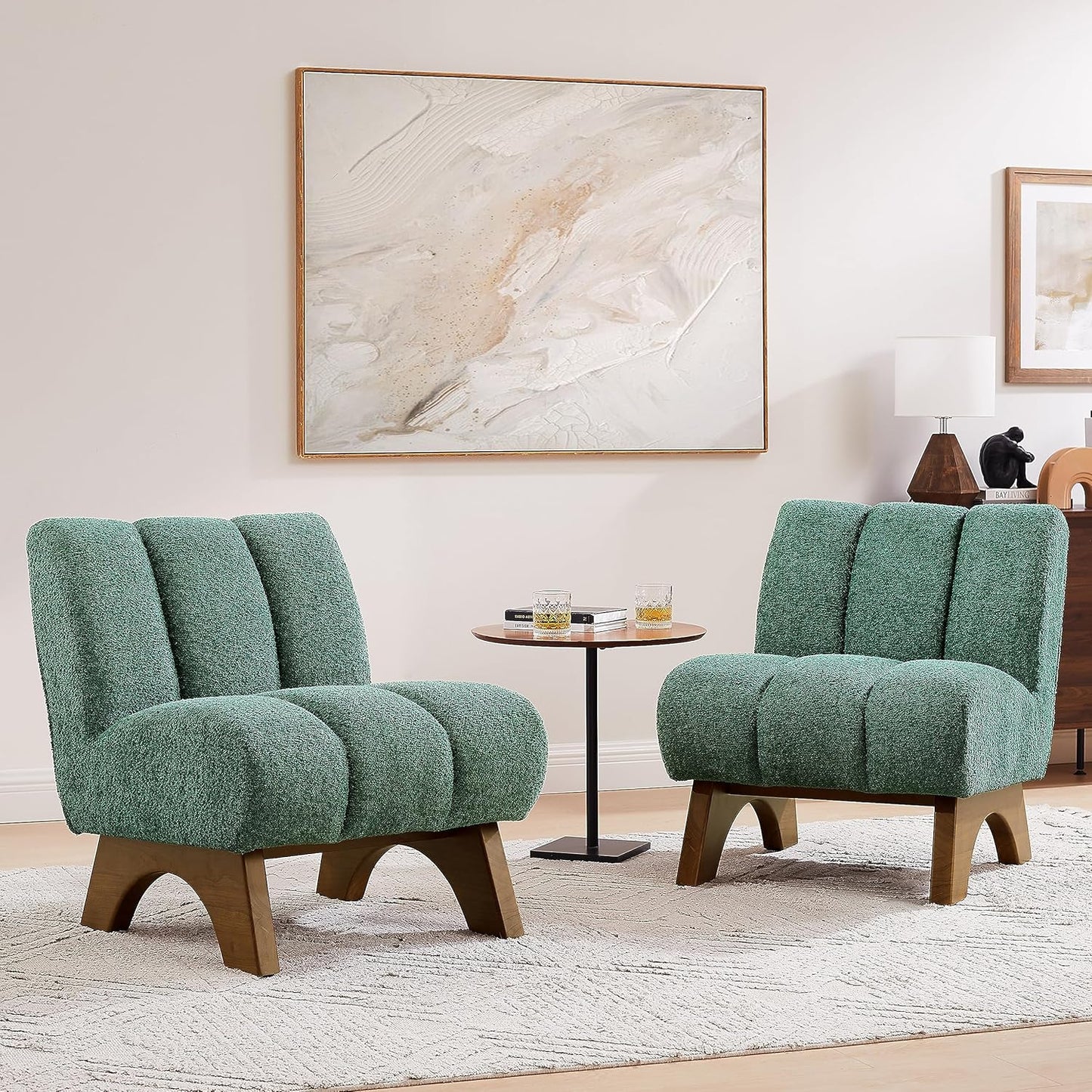 Art Leon Modern Accent Chair, Sherpa Fabric Modular Single Sofa Chair, Armless Chair with Wooden Legs for Living Room Bedroom, Green