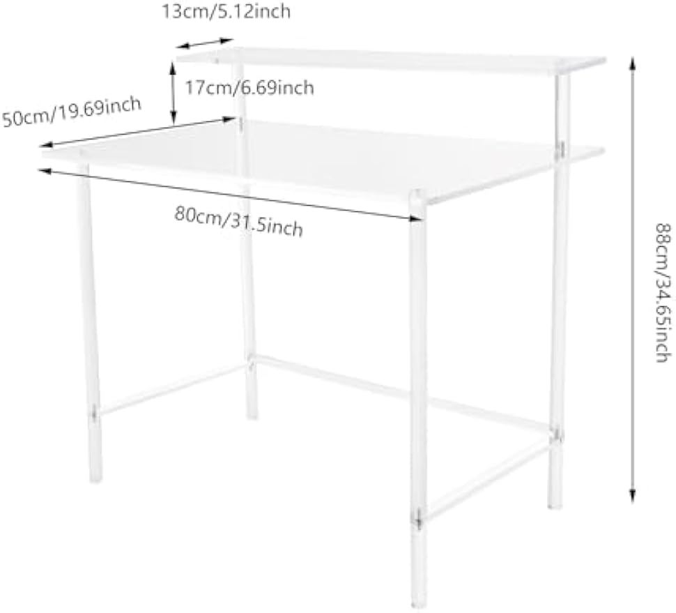 Clear Acrylic 2 Tier Freestanding Desk, Clear Desk w/31.5x19.69in Desktop, 34.65in Height, 88lbs Load Capacity, Modern Rectangular Computer/Writing Desk for Home & Office