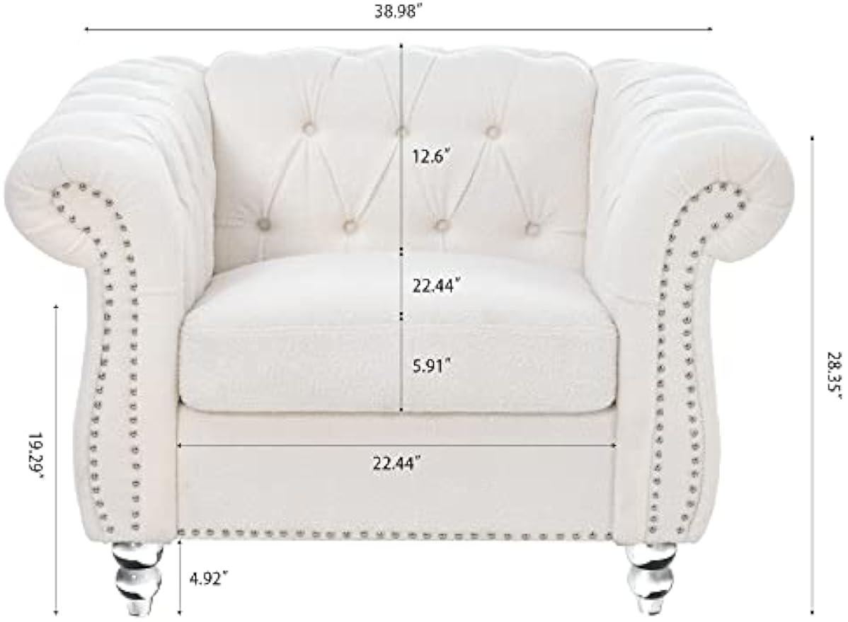 White Chesterfield Chair Single Tufted Sofa Throne Chair Farbic Club Chair Vintage Living Room Furniture Accent Rolled Arm Chairs for Bedroom Apartment, White farbic