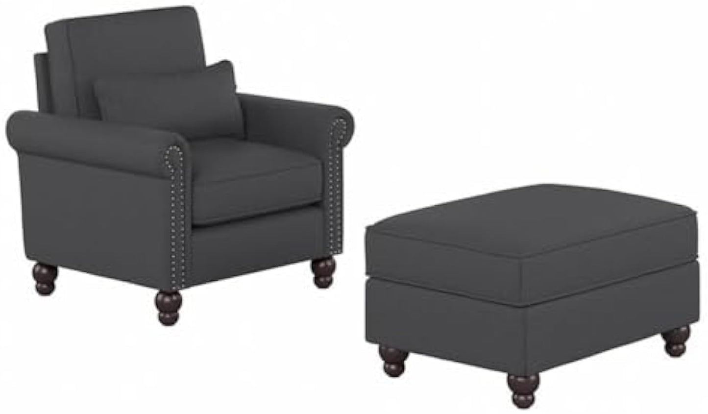 Bush Furniture Accent Chair with Ottoman Set, Armchair and Foot Rest with Pet-Friendly Fabric Upholstery for Traditional Living Room, Coventry Collection, Charcoal Gray Herringbone