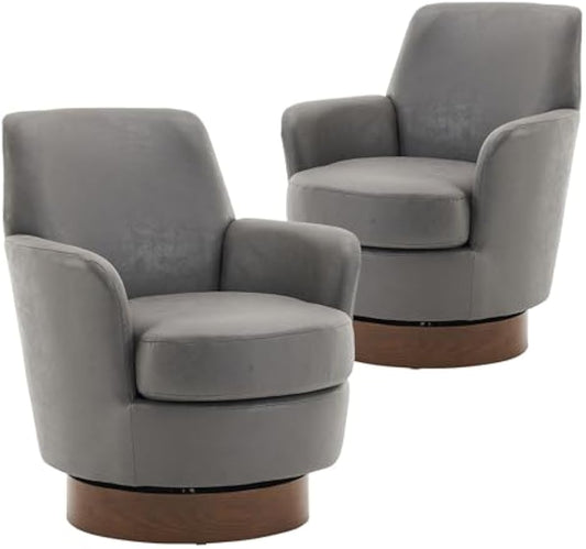 Swivel Barrel Chair Set of 2,Modern Comfy PU Leather Round Swivel Accent Chairs,360 Degree Single Armchair for Living Room, Grey