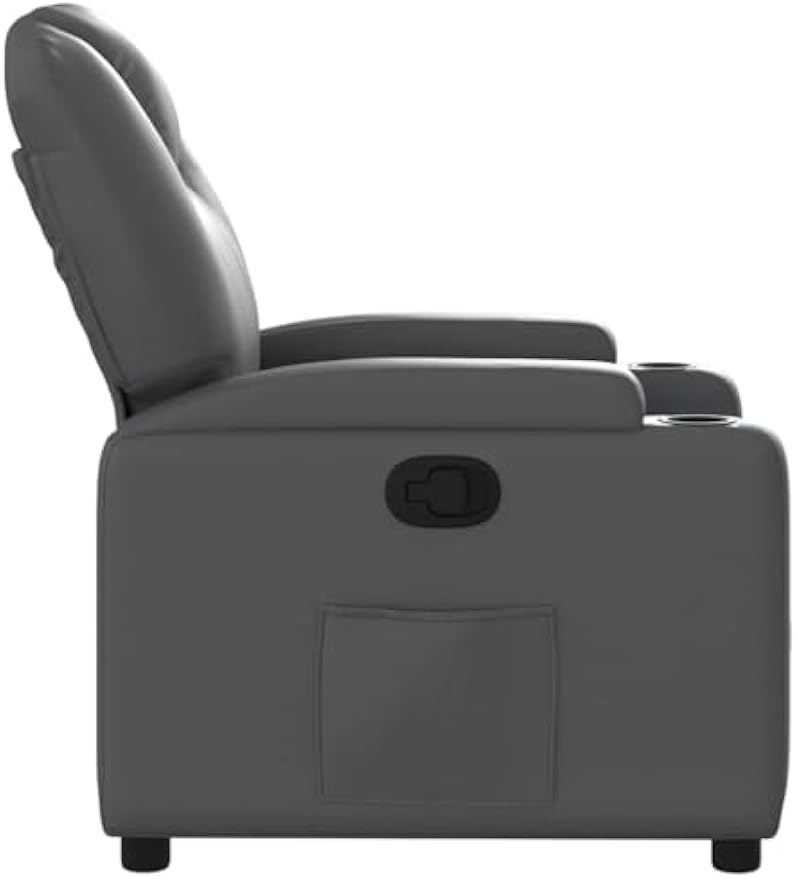 vidaXL Gray Faux Leather Recliner Chair with Manual Recline, Cup Holders and Side Pocket for Living Room, Bedroom Comfort