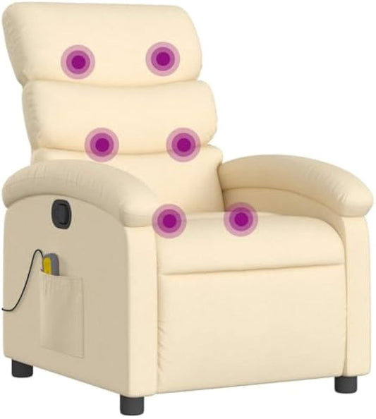 vidaXL Massage Recliner Chair for Adults, Single Theater Seating with Vibration Massage & Manually Adjustable Backrest/Footrest, Modern Reclining Sofa for Living Room, Cream Fabric