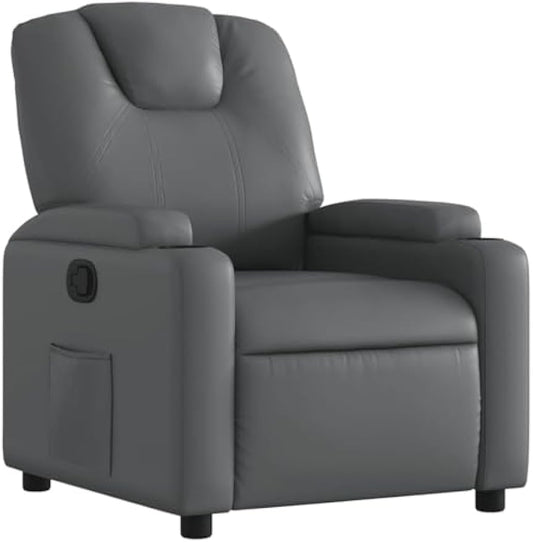 vidaXL Gray Faux Leather Recliner Chair with Manual Recline, Cup Holders and Side Pocket for Living Room, Bedroom Comfort