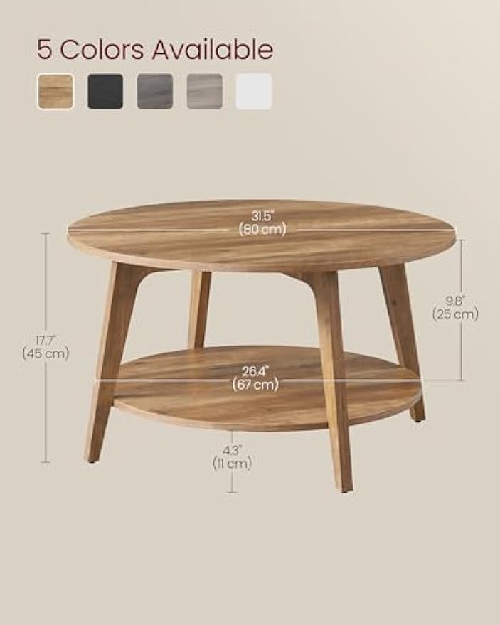 VASAGLE Round Coffee Table, 2 Tier Coffee Table with Storage, for Living Room, 31.5 x 17.7 Inches, Easy to Assemble, Honey Brown ULCT243K41