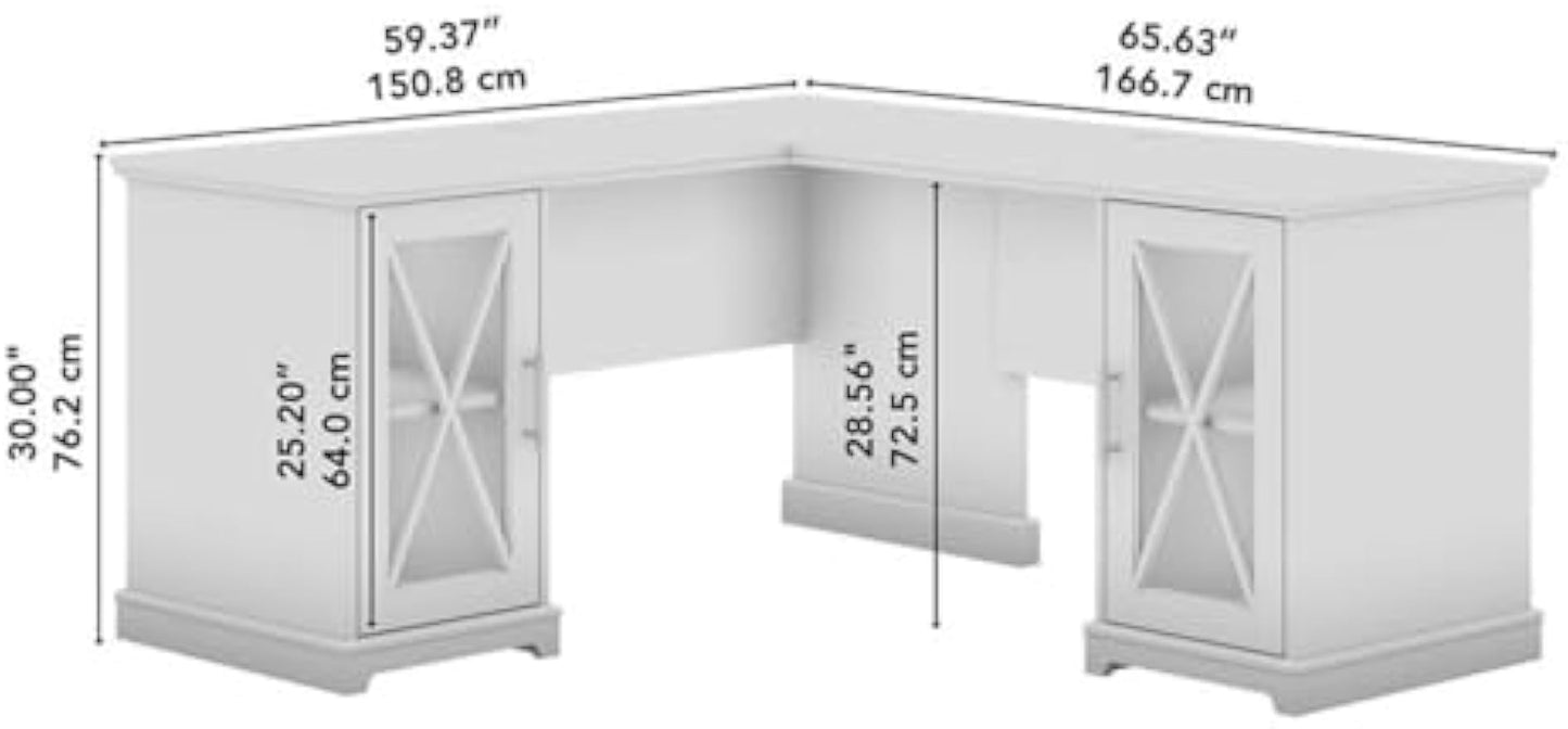 Bush Furniture Lennox 60W Farmhouse L Shaped Desk with Storage Cabinets in Linen White Oak | Corner Computer Table for Home Office Workspace
