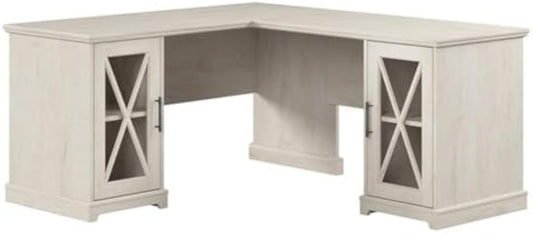 Bush Furniture Lennox 60W Farmhouse L Shaped Desk with Storage Cabinets in Linen White Oak | Corner Computer Table for Home Office Workspace