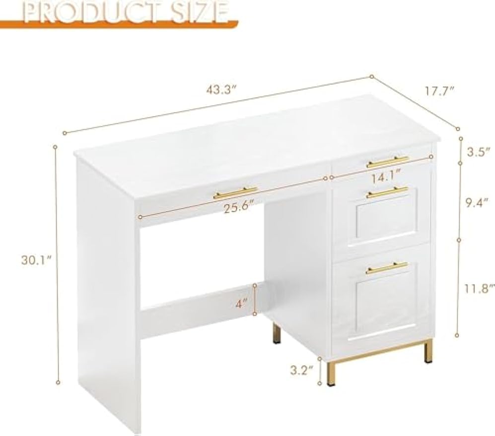 4 EVER WINNER White Desk with Drawers, 43” Home Office Computer Desk with 4 Storage Drawers, Gold Hardware for Small Space, White and Gold Desk Writing Study Table for Bedroom
