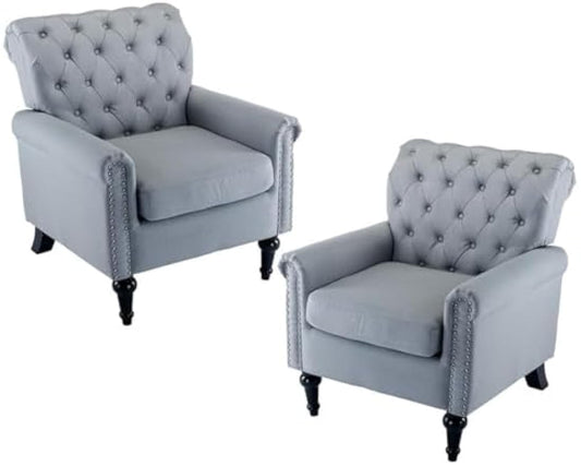 Upholstered Accent Chairs,Mid Century Armchair Sofa Chairs,Comfy Living Room Chair,Button Tufted Reading Chair for Living Room, Bedroom,Study (2, Grey)