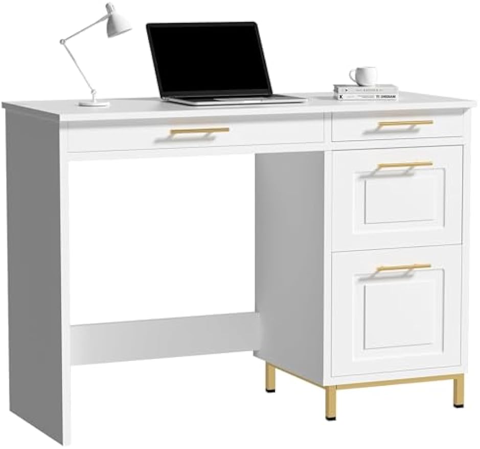4 EVER WINNER White Desk with Drawers, 43” Home Office Computer Desk with 4 Storage Drawers, Gold Hardware for Small Space, White and Gold Desk Writing Study Table for Bedroom
